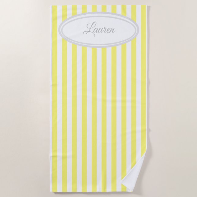 Serviette De Plage Rayures verticales jaunes et blanches Monogramme (Devant)