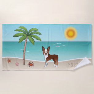 Serviette De Plage Red Boston Terrier À Une Plage Tropicale D'Été -
