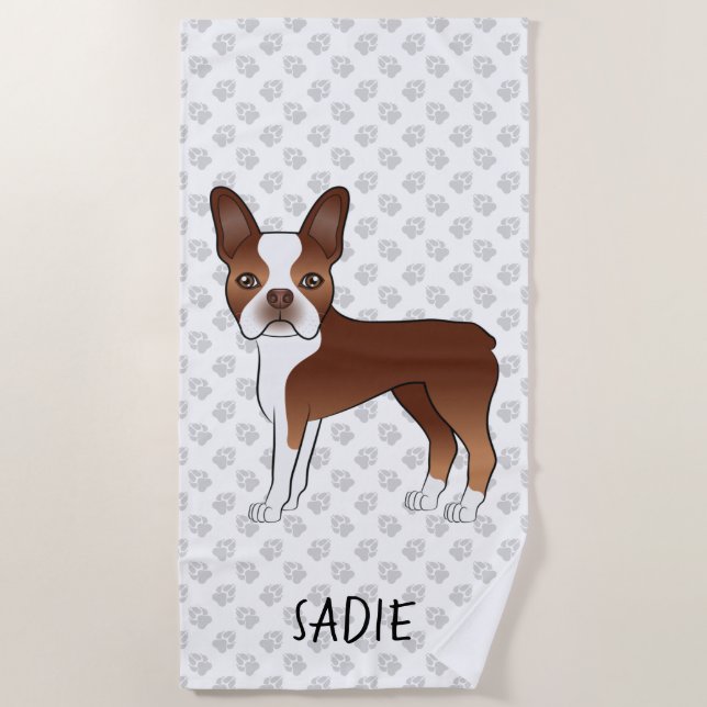 Serviette De Plage Red Boston Terrier Cartoon Dog & Nom personnalisé (Devant)