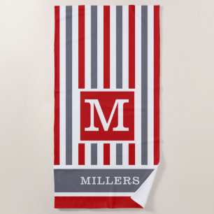 Serviette De Plage Red Grey White Cabana Stripe Nom de famille Monogr