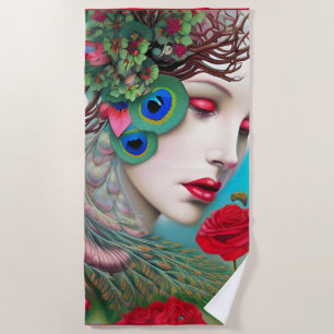 Serviette De Plage Red Lips et Rose Peacock Abstrait