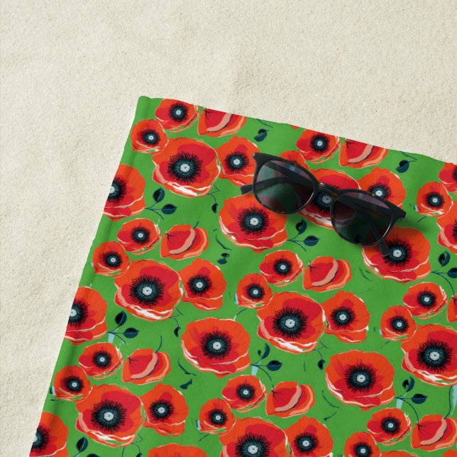 Serviette De Plage Red Poppies Apple Green (En situation)