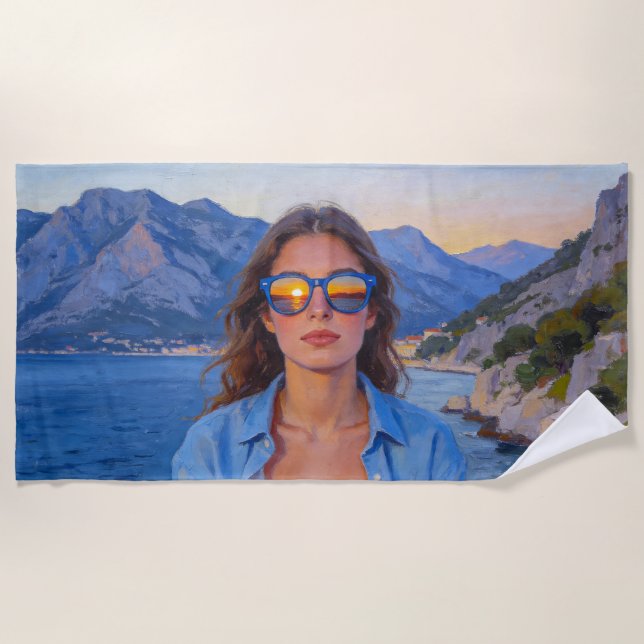 Serviette De Plage Reflets du coucher de soleil méditerranéen – Moder (Devant)