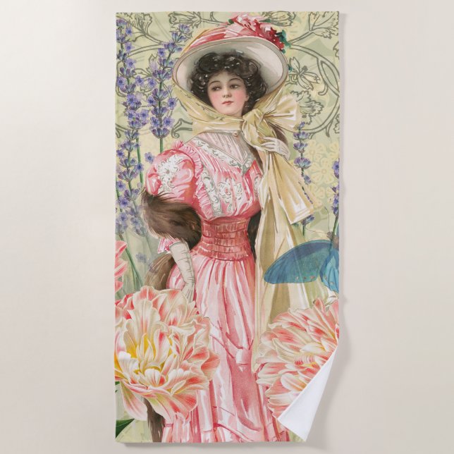 Serviette De Plage Regency de femme victorienne rose (Devant)