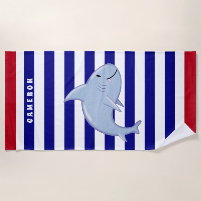 Serviette De Plage Requin personnalisé Blanc Bleu Rouge rayé Enfants (Devant)