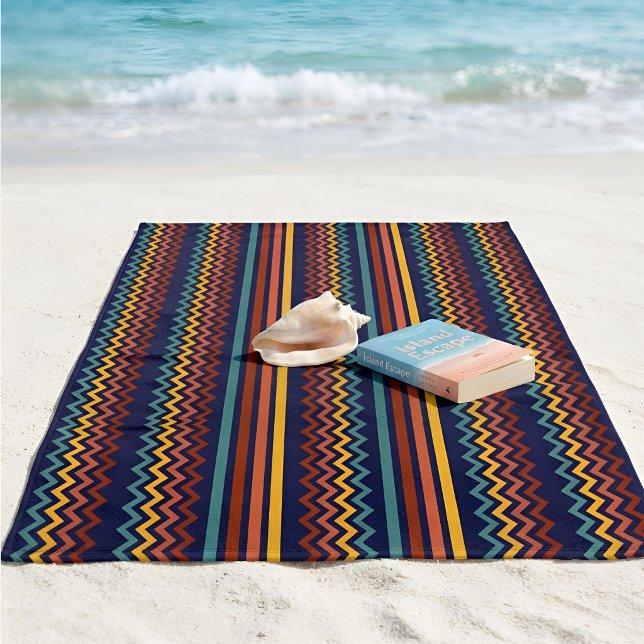 Serviette De Plage Retro 70s Navy Red & Yellow Geometric Stripe (Créateur téléchargé)