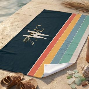 Serviette De Plage Rétro années 70 Monogrammé Bleu marine et rayures