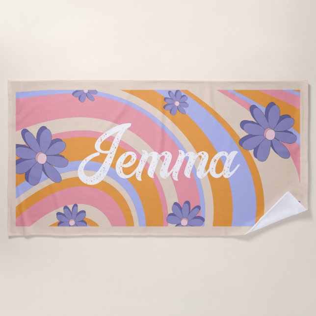 Serviette De Plage Rétro, Arc en ciel, Anniversaire Super, Plage (Devant)