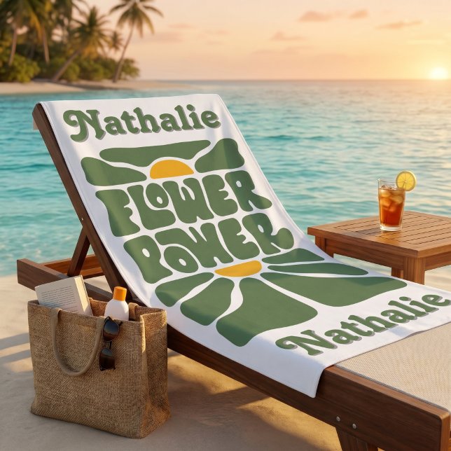 Serviette de plage rétro avec nom - Cadeau personn (Personalized Retro Beach Towel | Floral Name Gift)