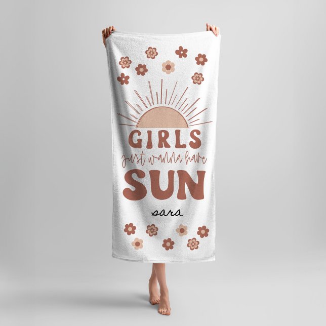 Serviette De Plage Retro Bachelorette Filles Fête Juste Vous Voulez A (Girls Weekend Bachelorette Party Beach Towel | Girls Just Wanna Have Sun Retro 70s Groovy Design)
