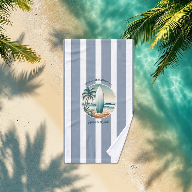Serviette De Plage Retro Beach Club Anniversaire Custom Cabana Stripe (Retro Beach Club Birthday Custom Cabana Stripes Beach Towel)