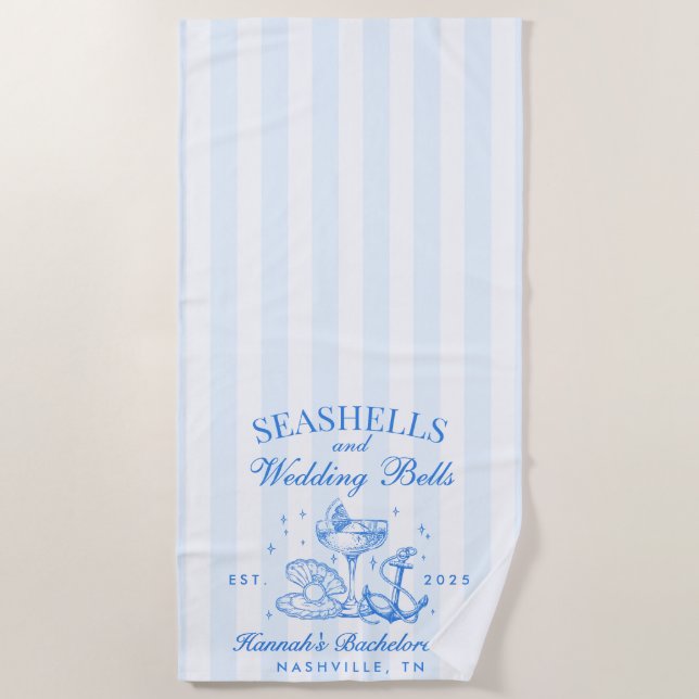 Serviette De Plage Retro Bleu Coquillages & Cloches de Mariage Enterr (Devant)