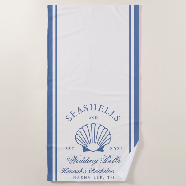 Serviette De Plage Retro Blue Coquillages & Cloches de Mariage Enterr (Devant)