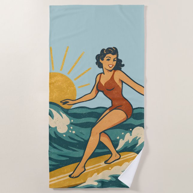 Serviette De Plage Retro California Pin-Up Surfer Blue Coastal Print (Devant)
