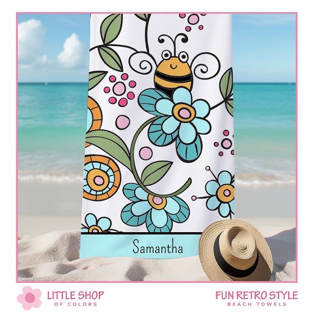 Serviette De Plage Retro Floral Bumble Bee Personnalisé (Créateur téléchargé)