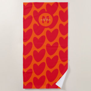Serviette De Plage Retro Orange Super Red Hearts Nom sur Monogramme