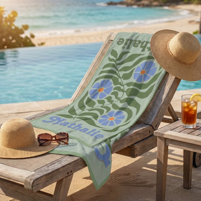 Serviette de plage rétro personnalisée avec nom -  (Personalized Retro Beach Towel with Name - Green)