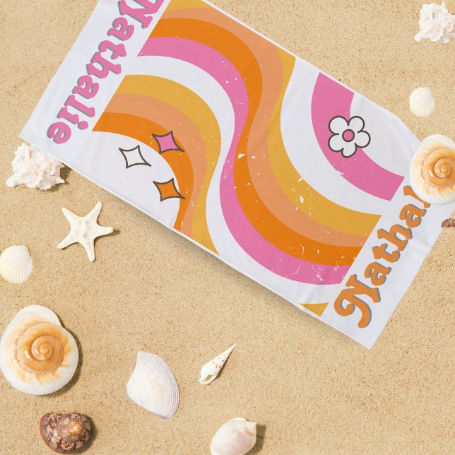 Serviette de plage Retro personnalisée avec nom -  (`Personalized Retro Beach Towel with Name - Custom Gift 🎁)