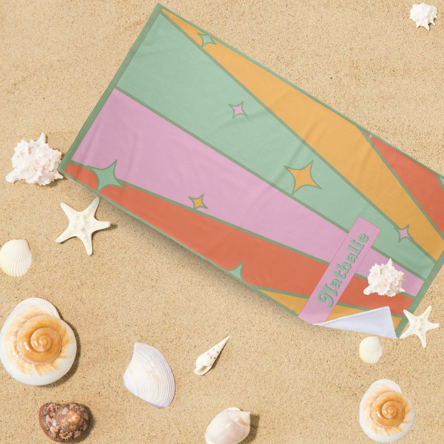 Serviette de plage Retro personnalisée avec nom -  (Personalized Retro Beach Towel | Floral Name Gift 🌺✨)