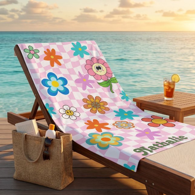 Serviette de plage rétro personnalisée | Cadeau av (Personalized Pink Retro Beach Towel | Floral Name Gift)