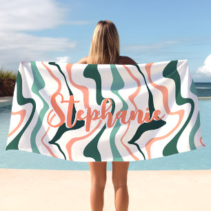 Serviette De Plage Rétro Tourbillon Vague Abstraite Pêche Menthe Nom