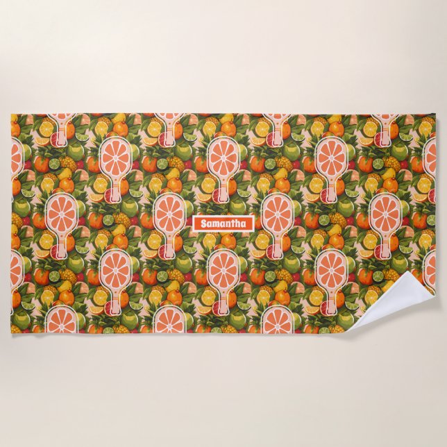 Serviette De Plage Retro Tropical Citron Pickleball Shower de Mariage (Devant)