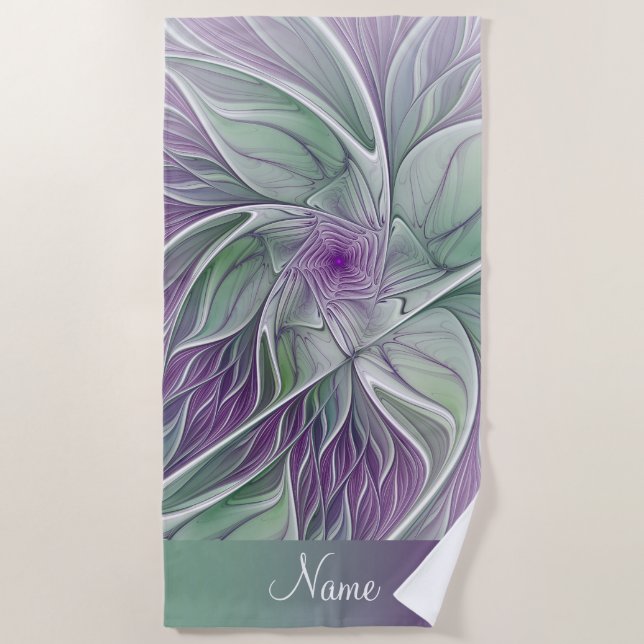 Serviette De Plage Rêve Fleur, Nom, Abstrait Violet Vert Fractal (Devant)