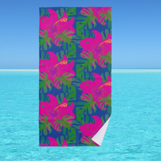 Serviette De Plage Rêves de forêt tropicale Hibiscus Vert Bleu Rose C (Escape to the islands with this vibrant beach towel!)