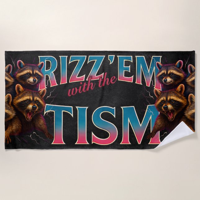 Serviette De Plage Rizz Em avec le Tism Meme Autisme Drôle Raton Lave (Devant)