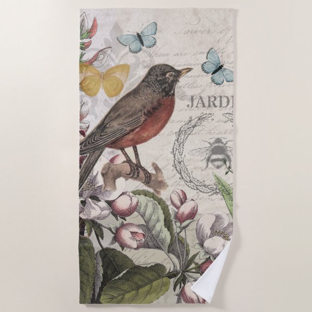 Serviette De Plage Robin Elegant Bird Butterfly French Art (Devant)