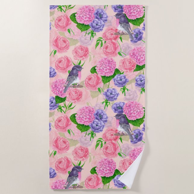 Serviette De Plage Robin et fleurs, motif aquarelle (Devant)
