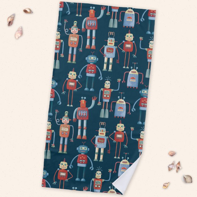Serviette De Plage Robots de style rétro des années 1950 (Retro robots fun beach towel)