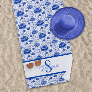 Serviette De Plage Rococo Blue Floral Elegance Nom du monogramme