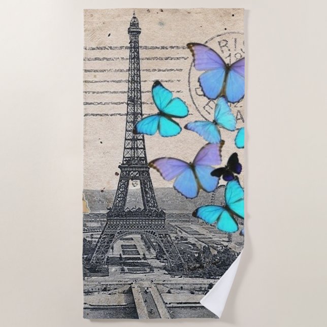 Serviette De Plage romantique papillon bleu français paris tour eiffe (Devant)