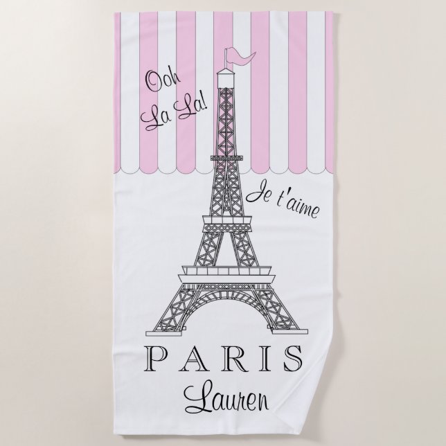 Serviette De Plage Rose | Blanc Paris Tour Eiffel Ooh La La (Devant)