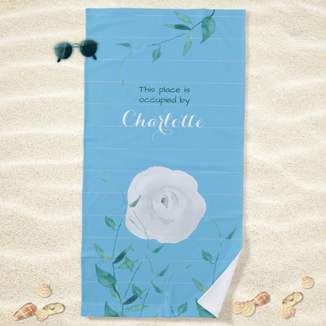 Serviette De Plage Rose Blanche Feuilles Vertes Rayées Moderne (White Rose Green Leaves Striped Modern Beach Towel ©Susanne Sachers - Sunny Mind Design 🌞)