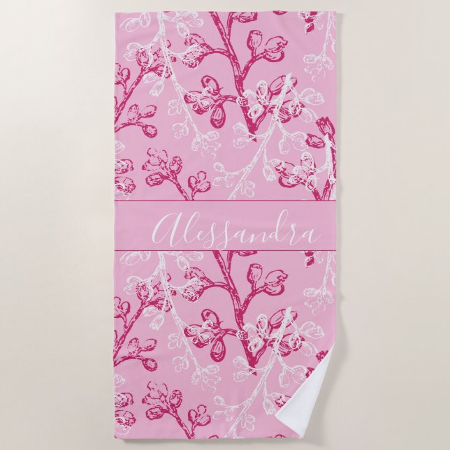 Serviette De Plage Rose botanique personnalisé (Devant)