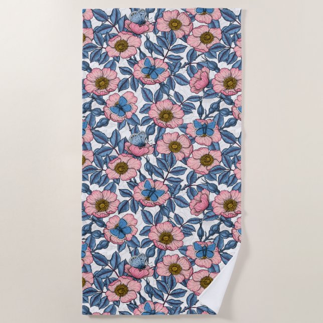Serviette De Plage Rose de chien et papillons (Devant)