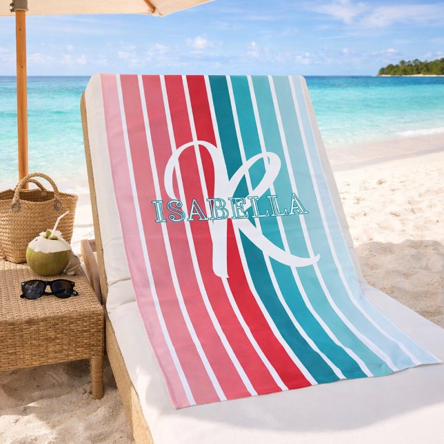 Serviette De Plage Rose et rayures sarcelle tendance Monogramme nom p (Créateur téléchargé)