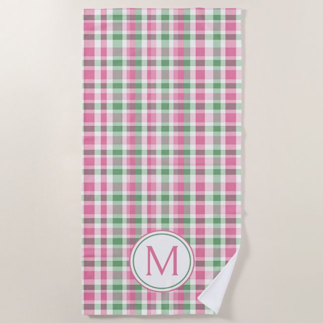 Serviette De Plage Rose et vert Prépa Carreaux Monogramme (Devant)