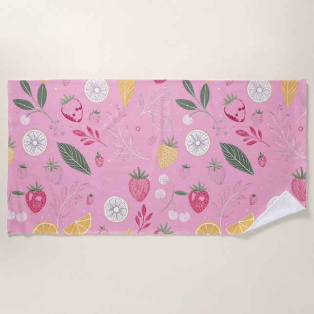 Serviette de plage rose fraise et florale (Devant)