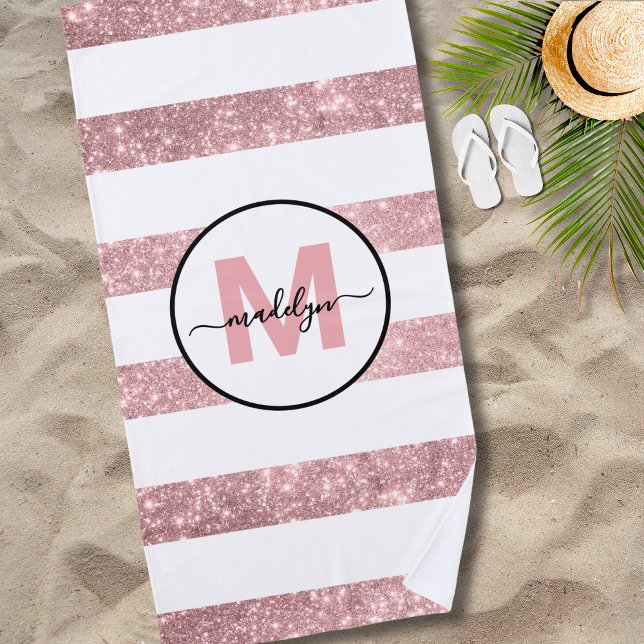 Serviette De Plage Rose Gold Fard à Joues Rayure Rose Monogramme Nom (Rose Gold Blush Pink Stripe Name Monogram Beach Towel )