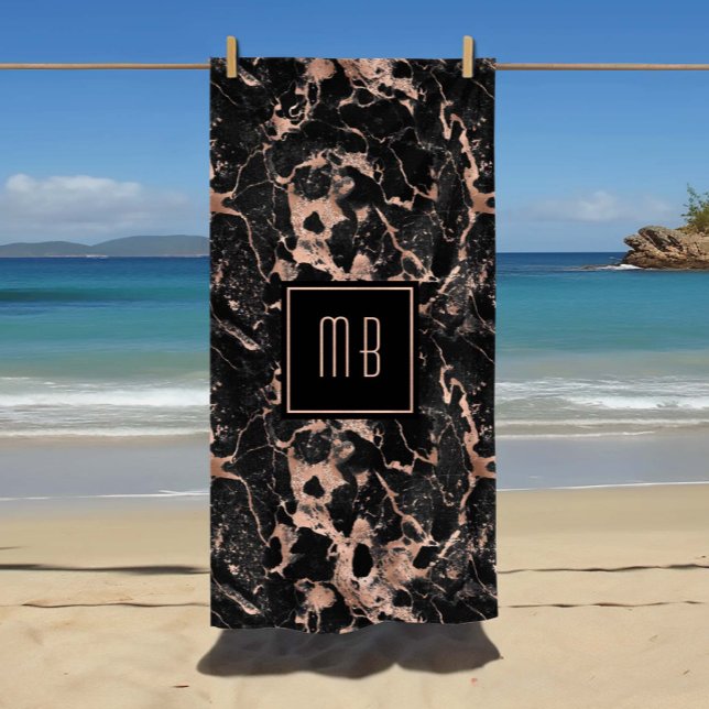Serviette De Plage Rose Gold Noir Marbre Monogramme Élégant (Elegant Monogram Rose Gold Black Marble Beach Towel)
