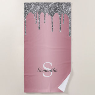 Serviette De Plage Rose Gold Pink Monogramme Nom Paillettes Argent