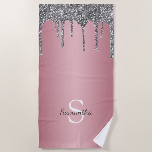 Serviette De Plage Rose Gold Pink Monogramme Nom Paillettes Argent (Devant)