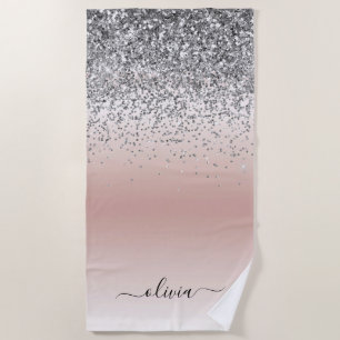 Serviette De Plage Rose Gold - Rose Pâle Pailleté Argent Monogramme