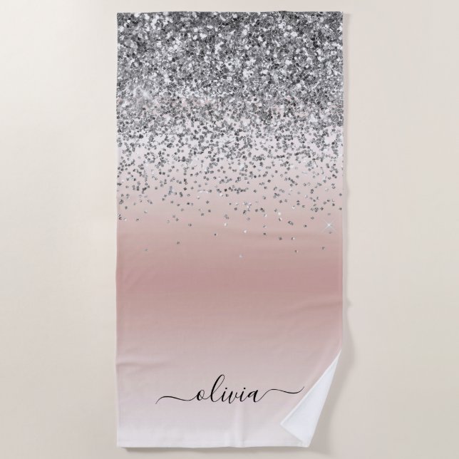 Serviette De Plage Rose Gold - Rose Pâle Pailleté Argent Monogramme (Devant)
