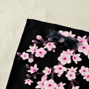 Serviette de plage rose noire fleurie de cerisier