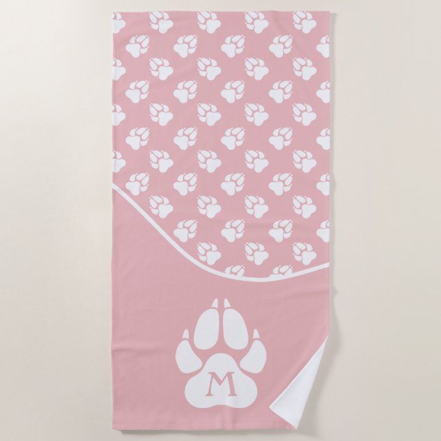 Serviette De Plage Rose Pâle & Empreintes de Pattes de Chien Blanches (Devant)