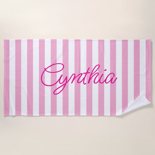 Serviette De Plage Rose Pâle Moderne Personnalisé avec Rayures (Devant)
